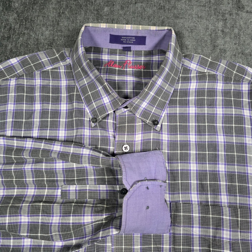 Alan Flusser Button Down Shirt Mens 2XL XXL Purple Grey Plaid Long Sleeve Cotton